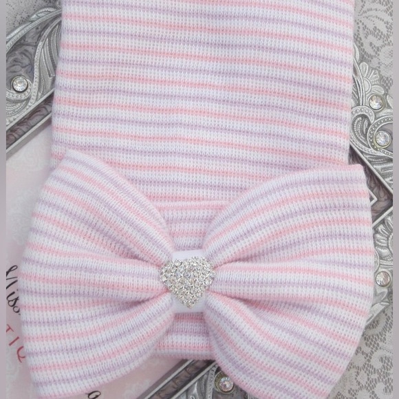 Newborn Hospital Grade Hat with Rhinestones and Bow - Picture 1 of 2